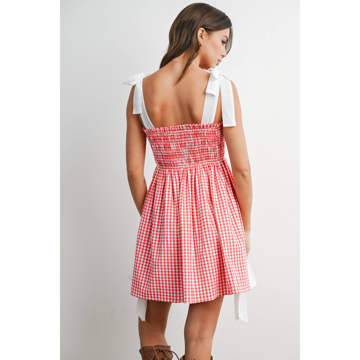Strapless Shirred Gingham Mini Sundress RED