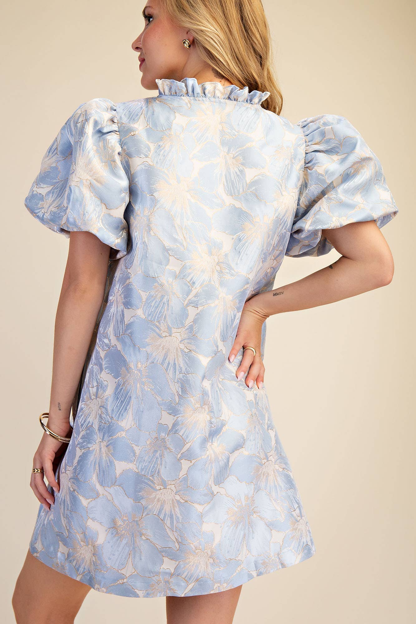 Glam - Ruffle V-Neck Puff Sleeve Mini Dress  Champagne, L