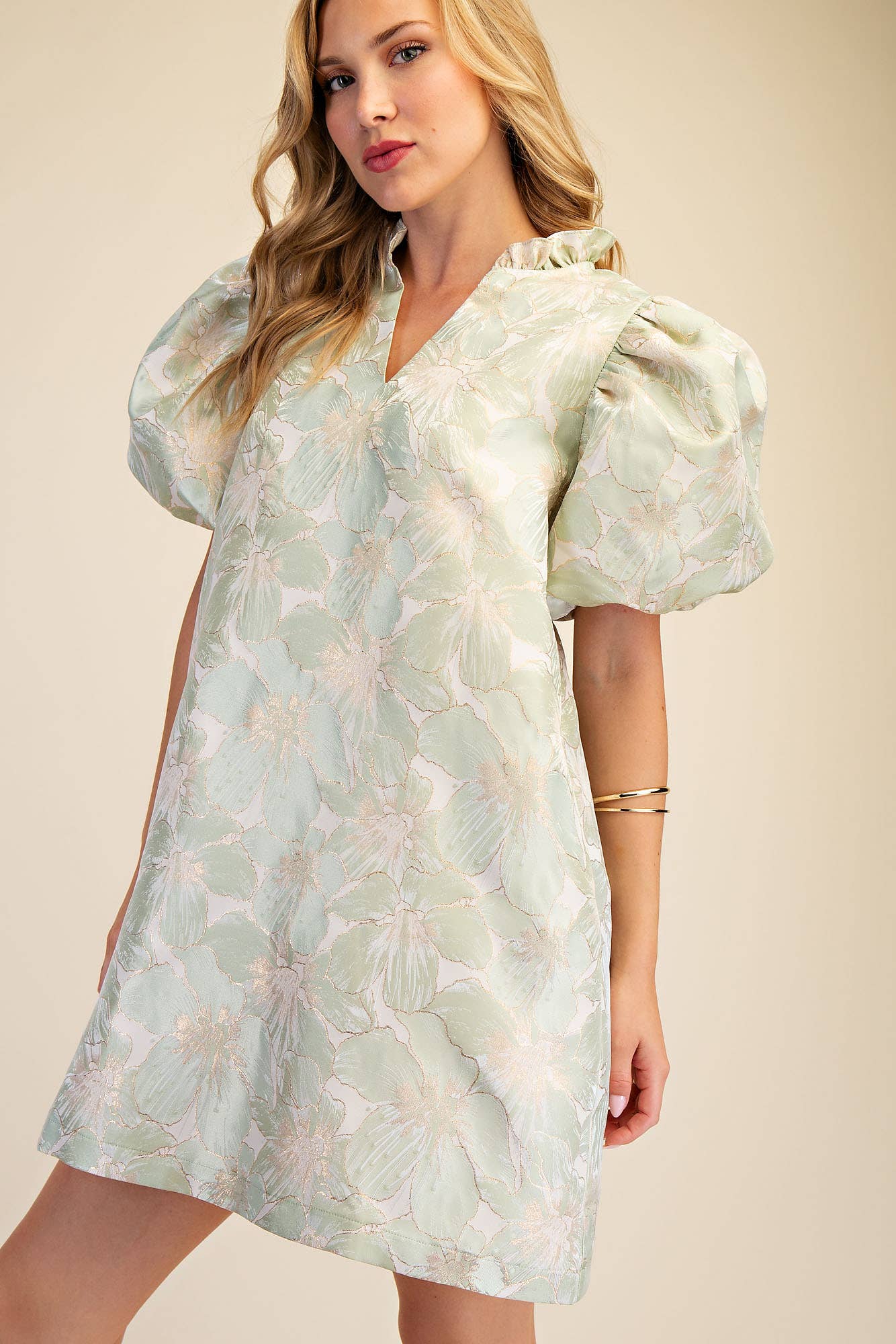 Glam - Ruffle V-Neck Puff Sleeve Mini Dress  Champagne, L