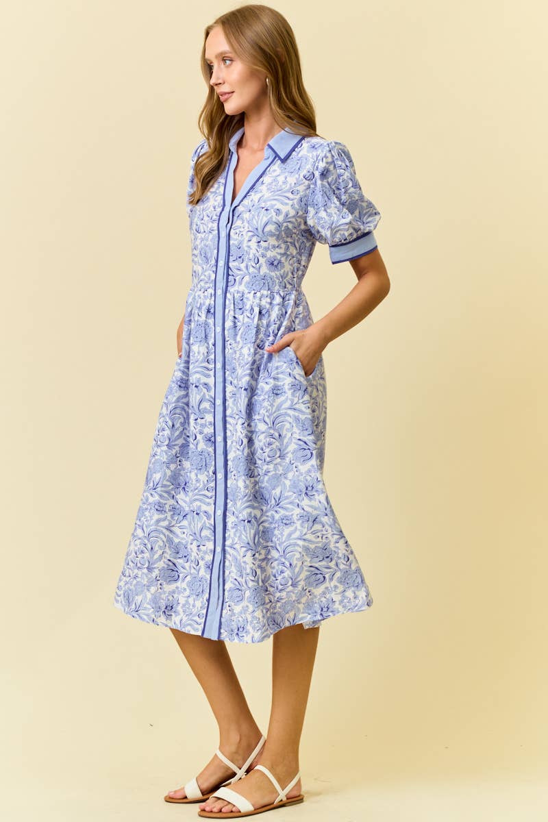 FLORAL PRINTED MIDI SHIRT DRESS W/ SIDE POCKET - PERRIBLUE, M