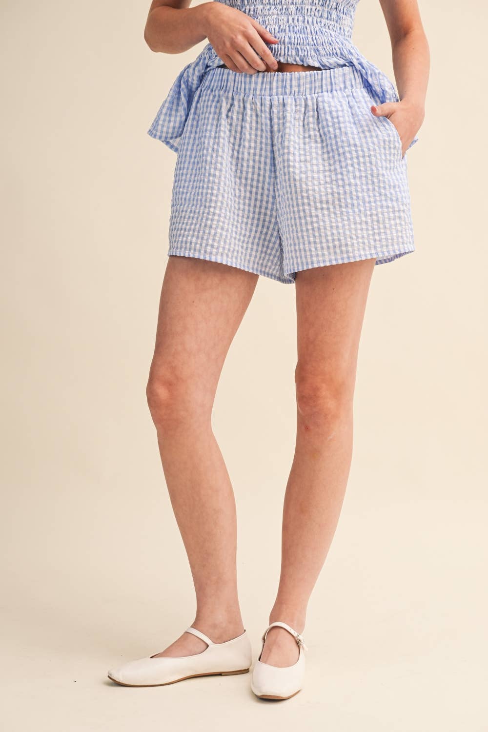 SMOCKED GINGHAM BOW CONTRAST CAMI TOP AND SHORTS