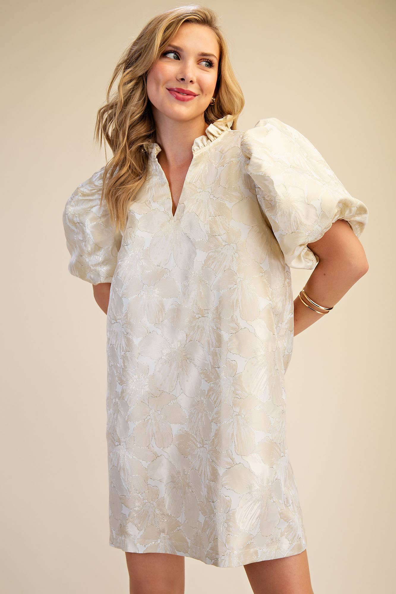 Glam - Ruffle V-Neck Puff Sleeve Mini Dress  Champagne, L