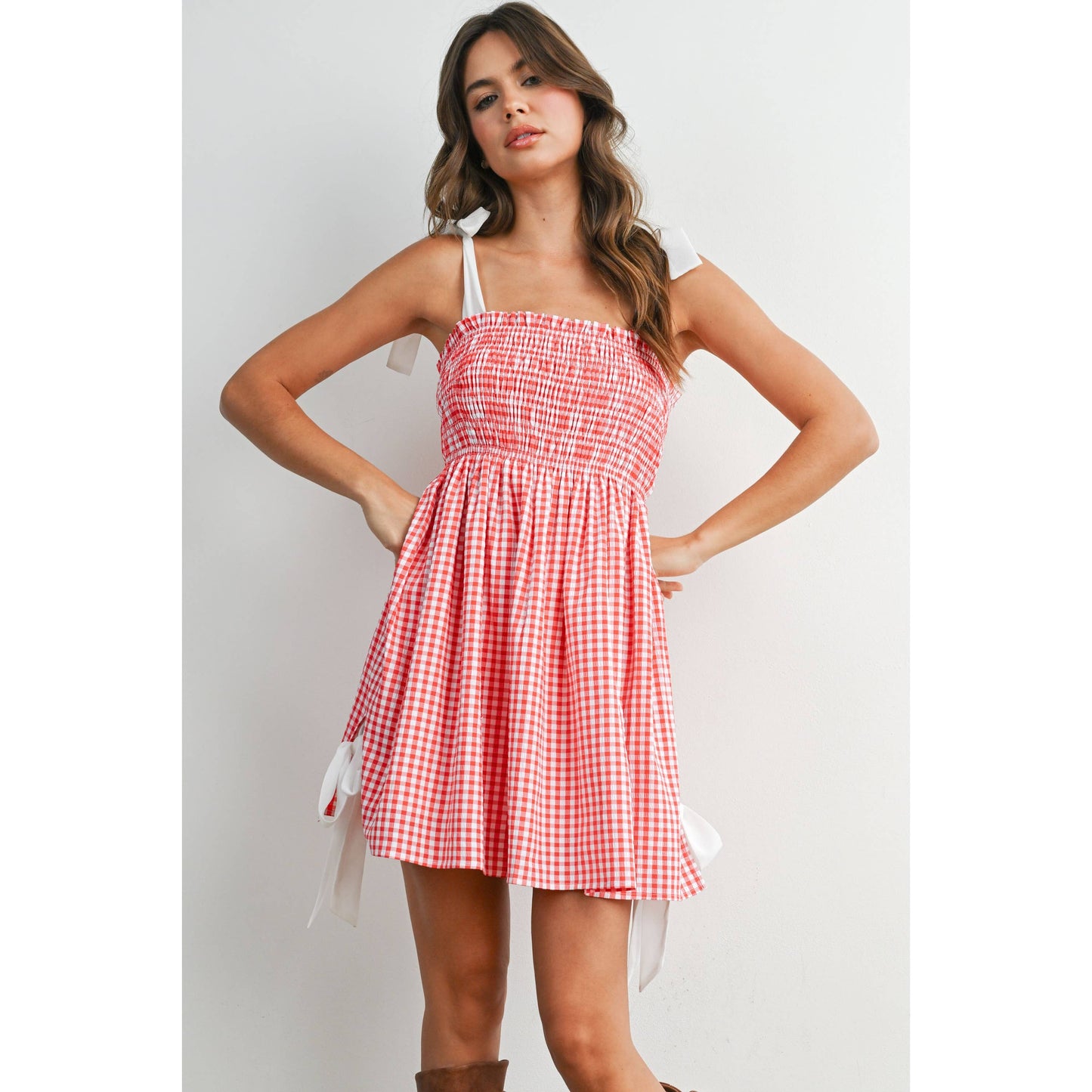 Strapless Shirred Gingham Mini Sundress RED  L