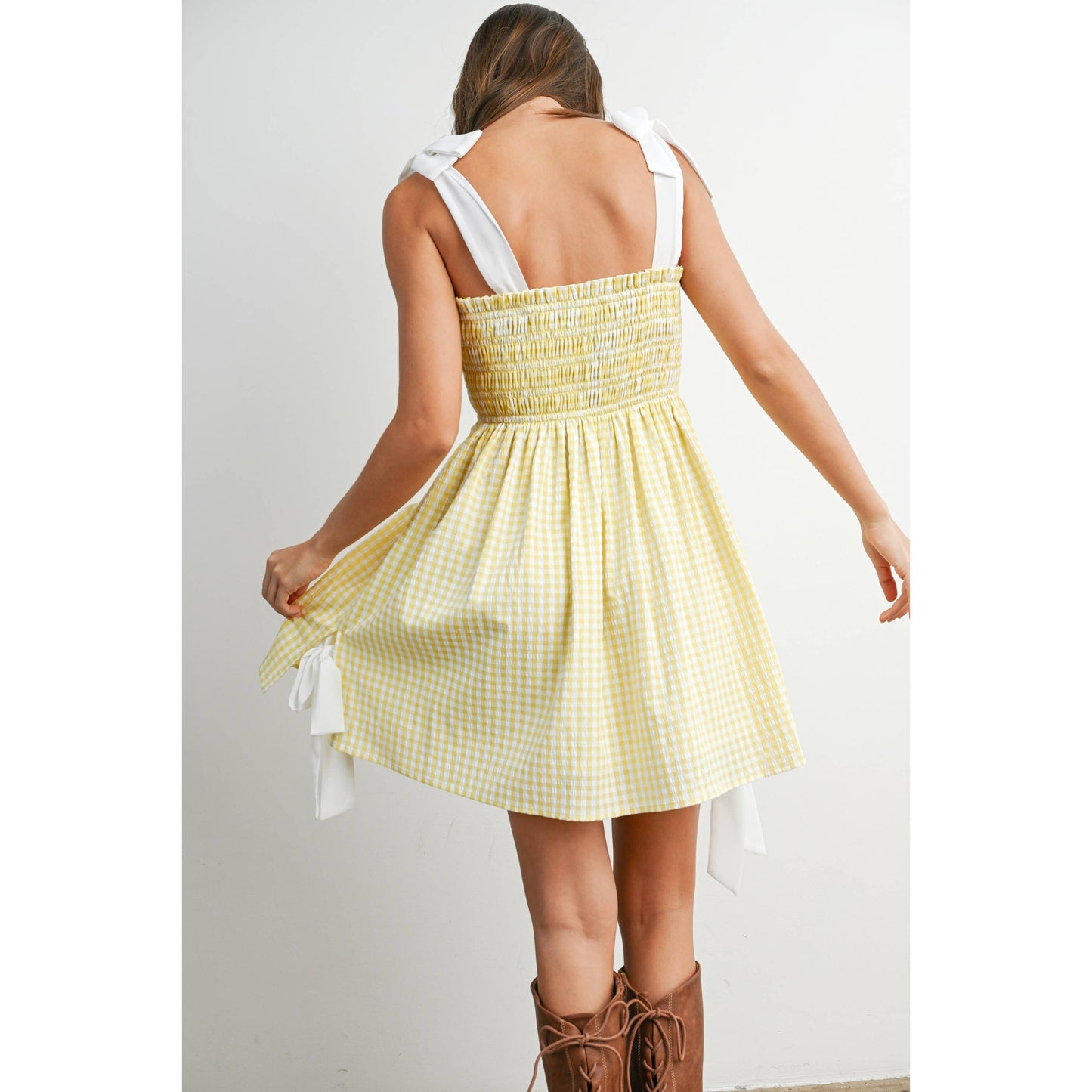 Strapless Shirred Gingham Mini Sundress  RED , M