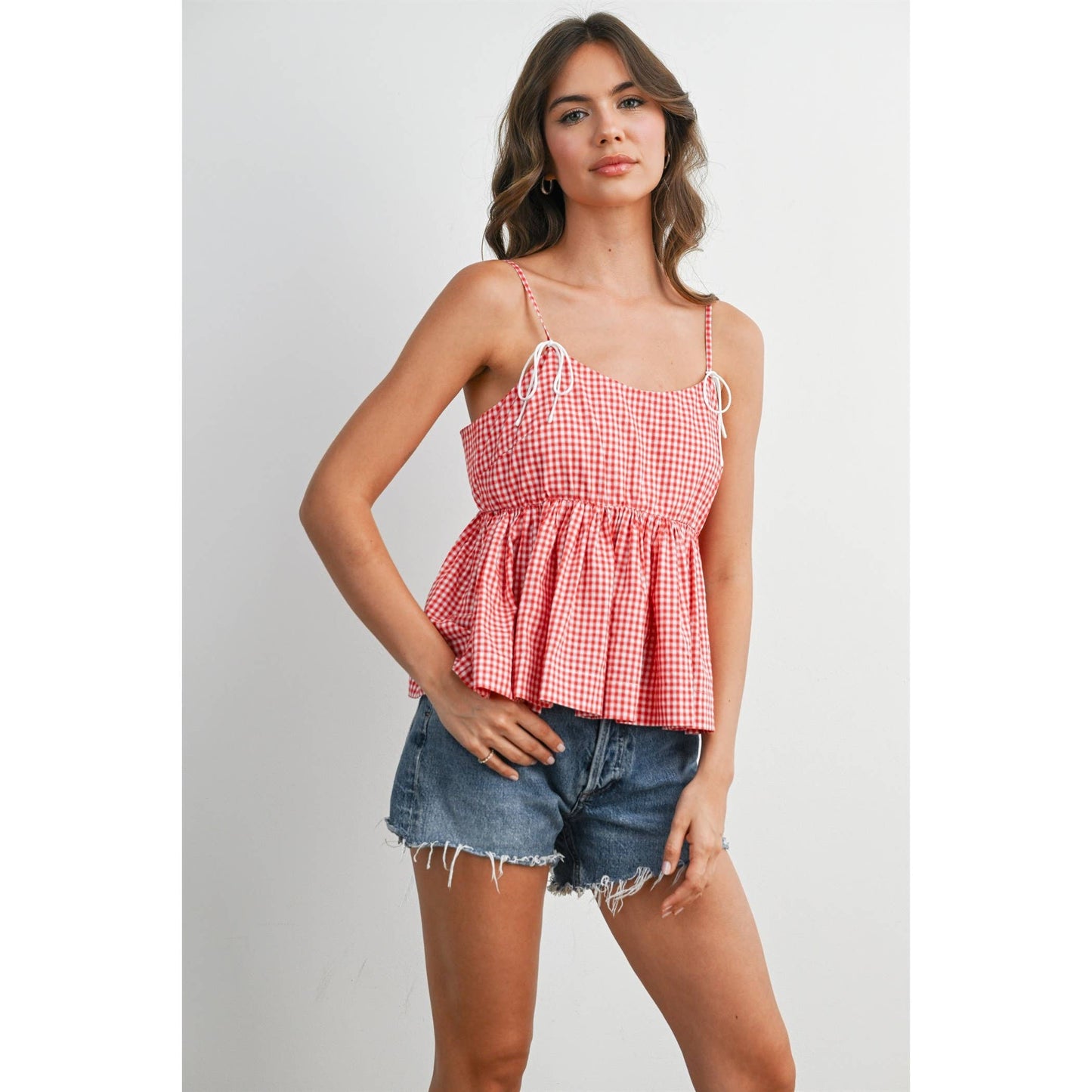 Gingham Tie-Strap Tank  RED  L