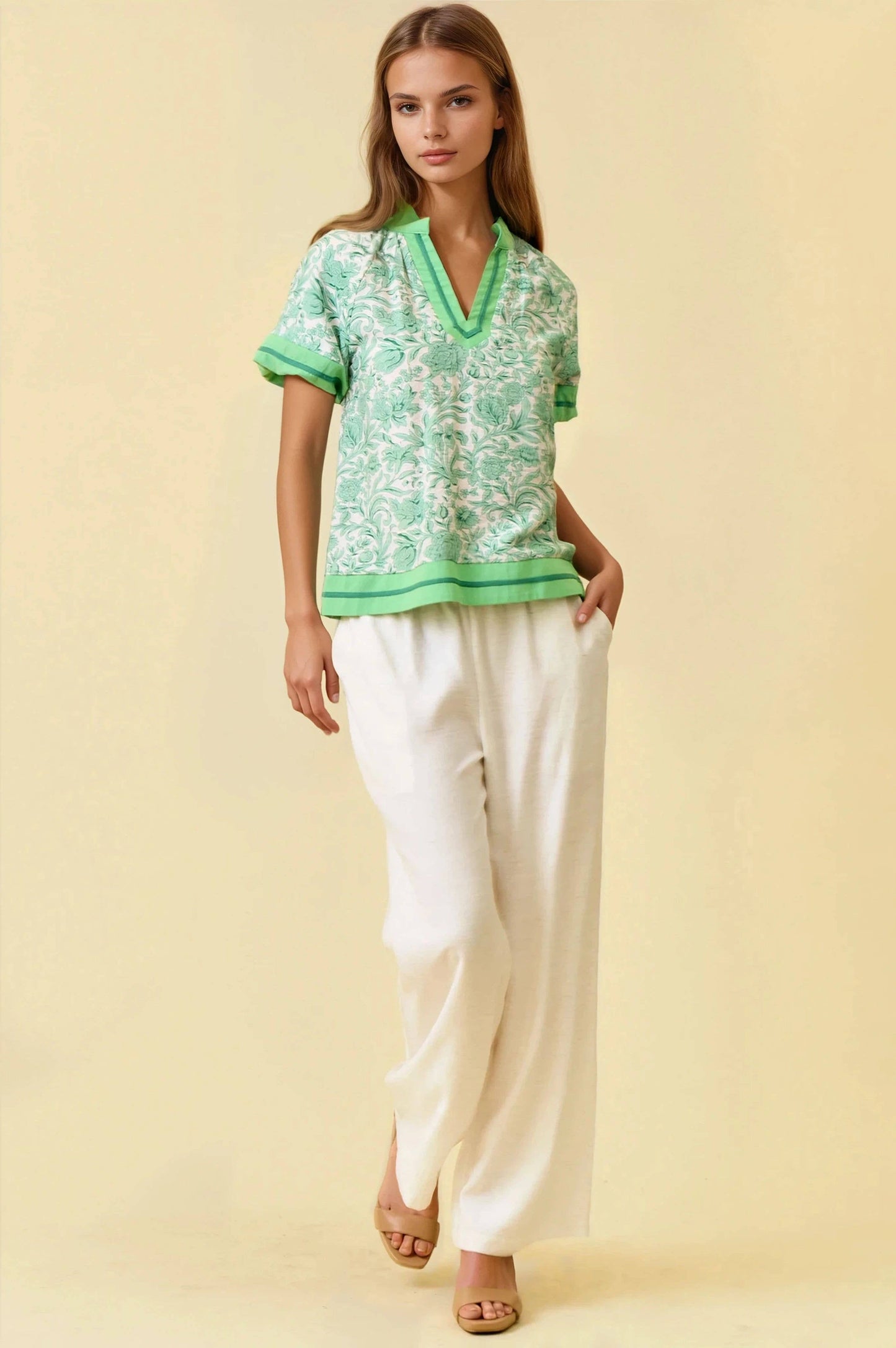 FLORAL PRINTED RUFFLE TIERED TOP - Green, L
