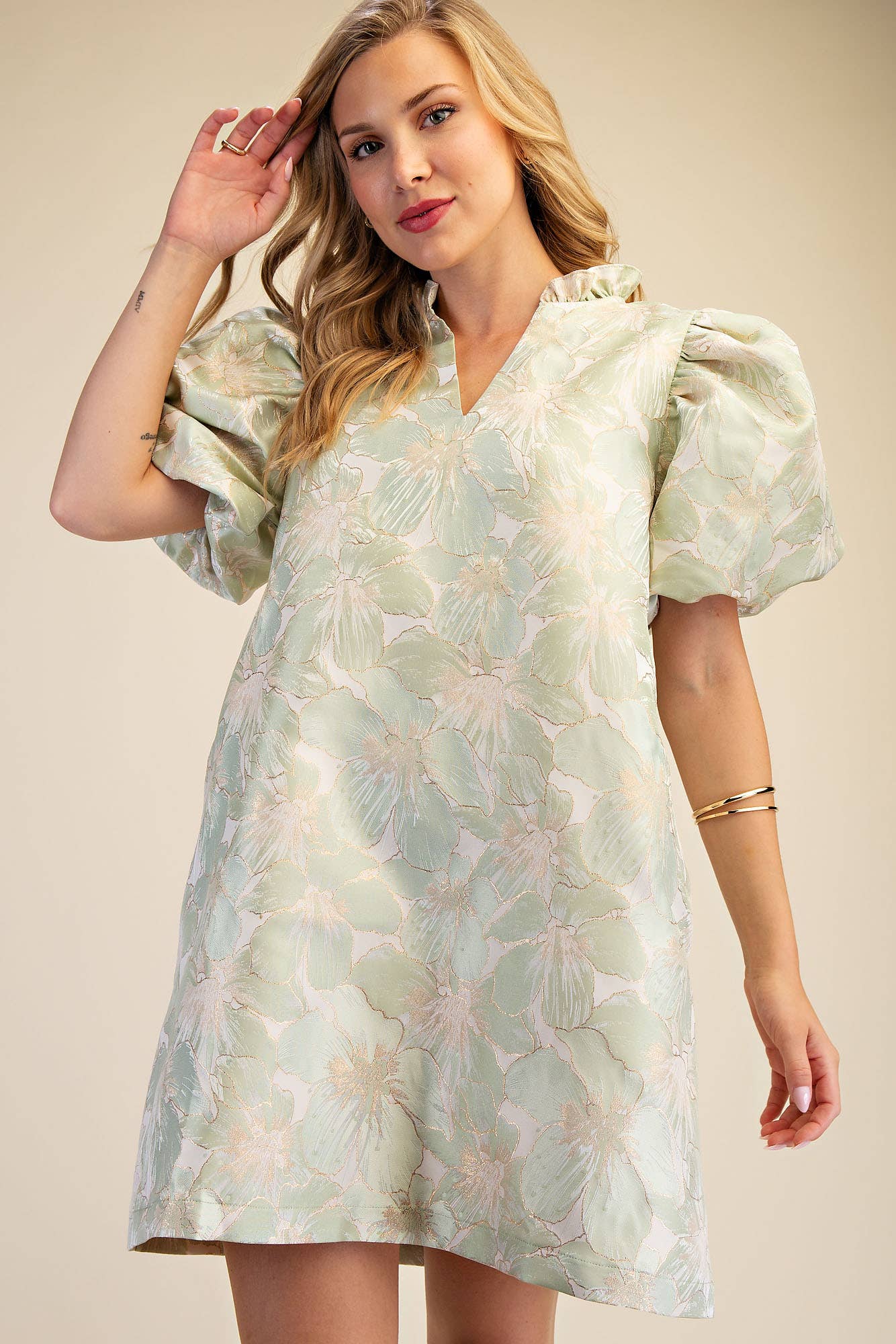 Glam - Ruffle V-Neck Puff Sleeve Mini Dress  Champagne, L