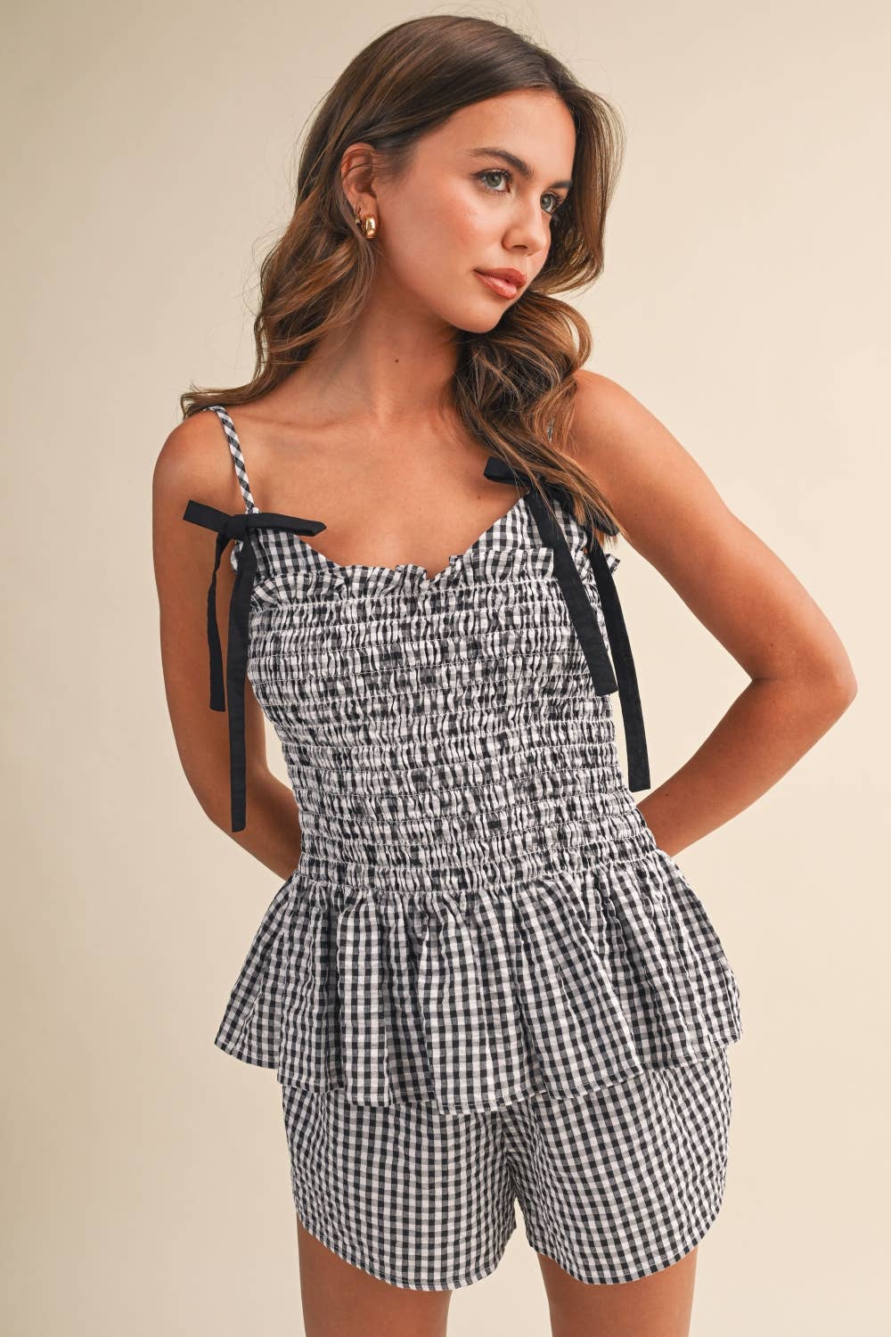 Klesis - IST6326 SMOCKED GINGHAM BOW CONTRAST CAMI TOP AND SHORTS: LT BLUE, M