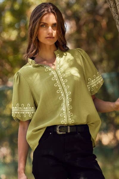 Oddi - Solid Embroidered Short Bubble Sleeve Blouse: Azure Blue, M