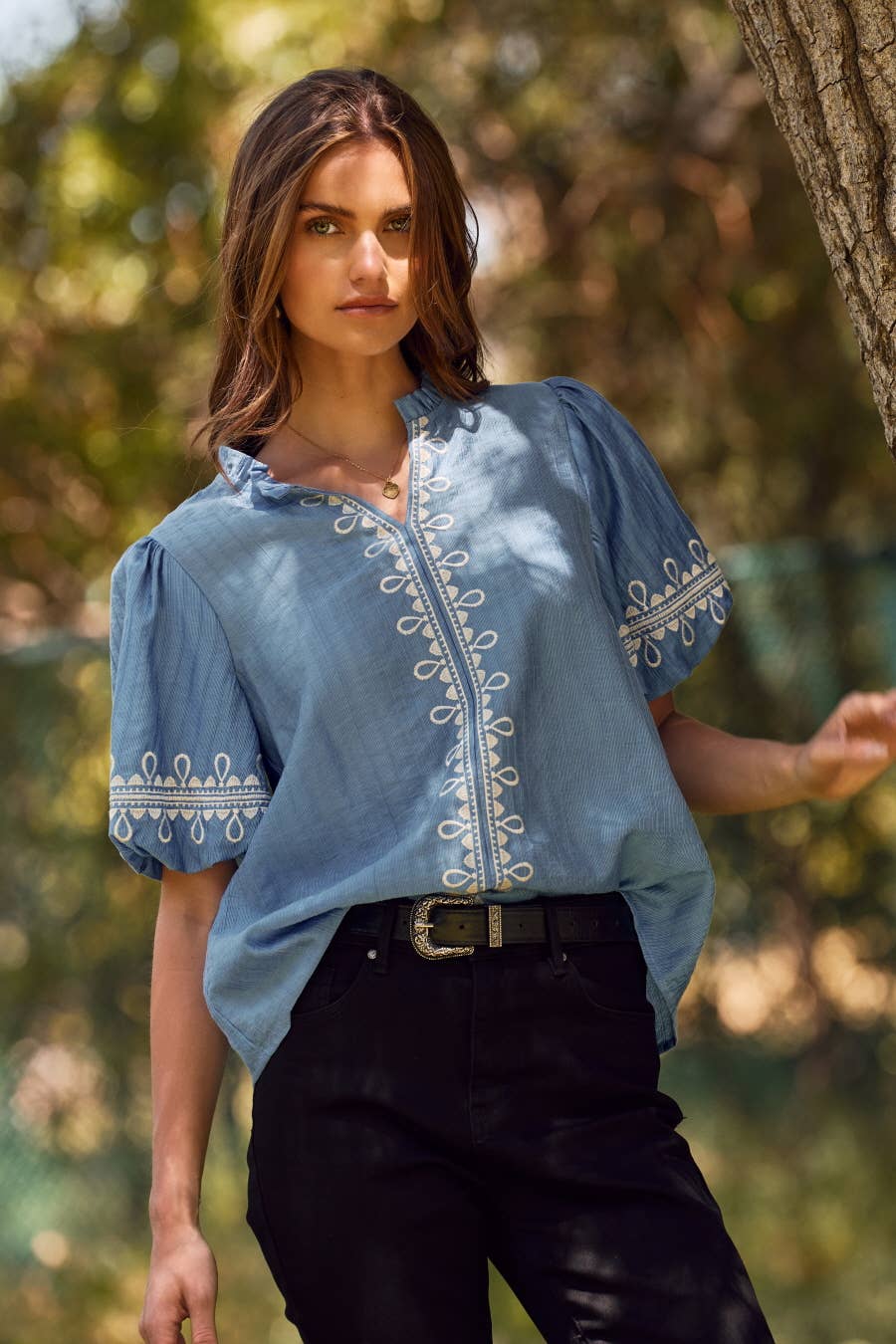 Oddi - Solid Embroidered Short Bubble Sleeve Blouse: Azure Blue, L