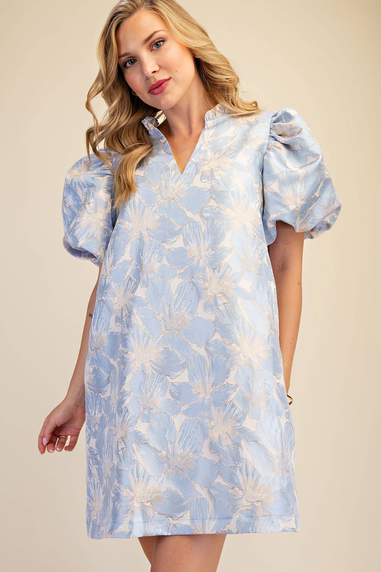 Glam - Ruffle V-Neck Puff Sleeve Mini Dress  Champagne, L