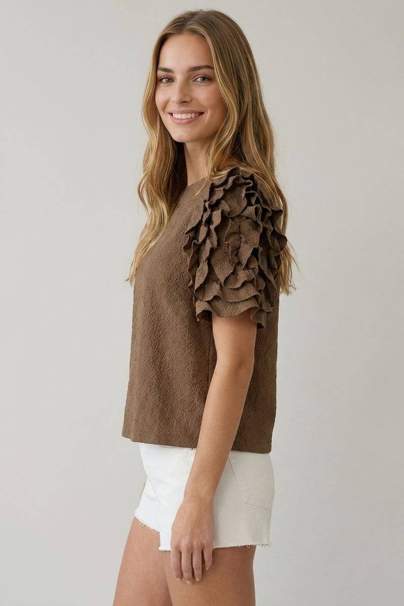 TEXTURED RUFFLE PUFF SLEEVE TOP - TAN, S
