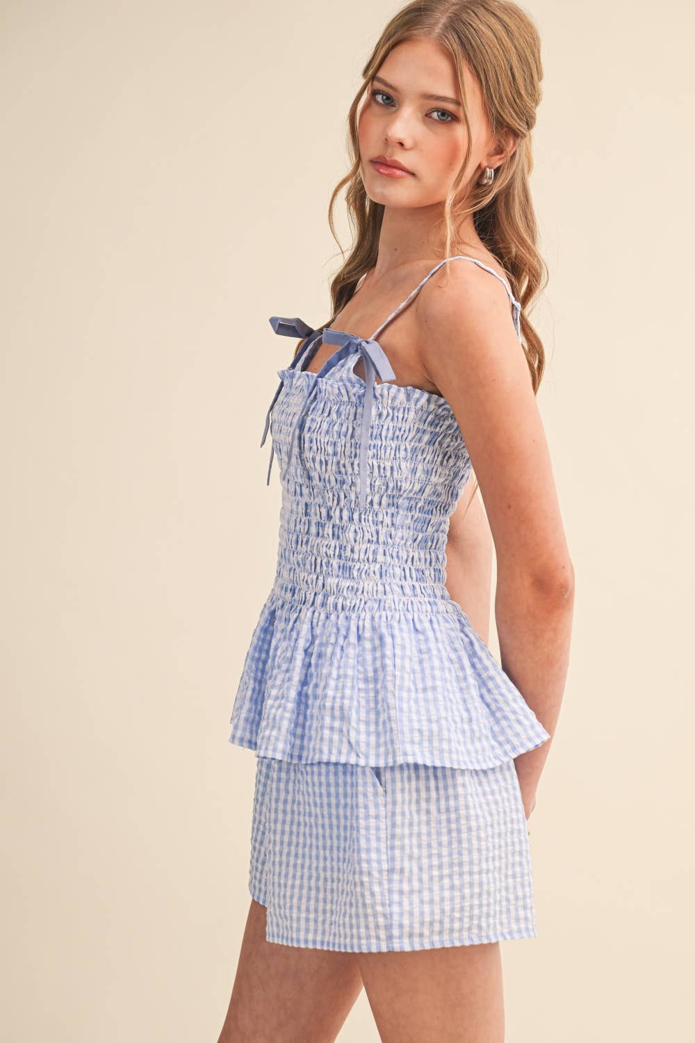 SMOCKED GINGHAM BOW CONTRAST CAMI TOP AND SHORTS