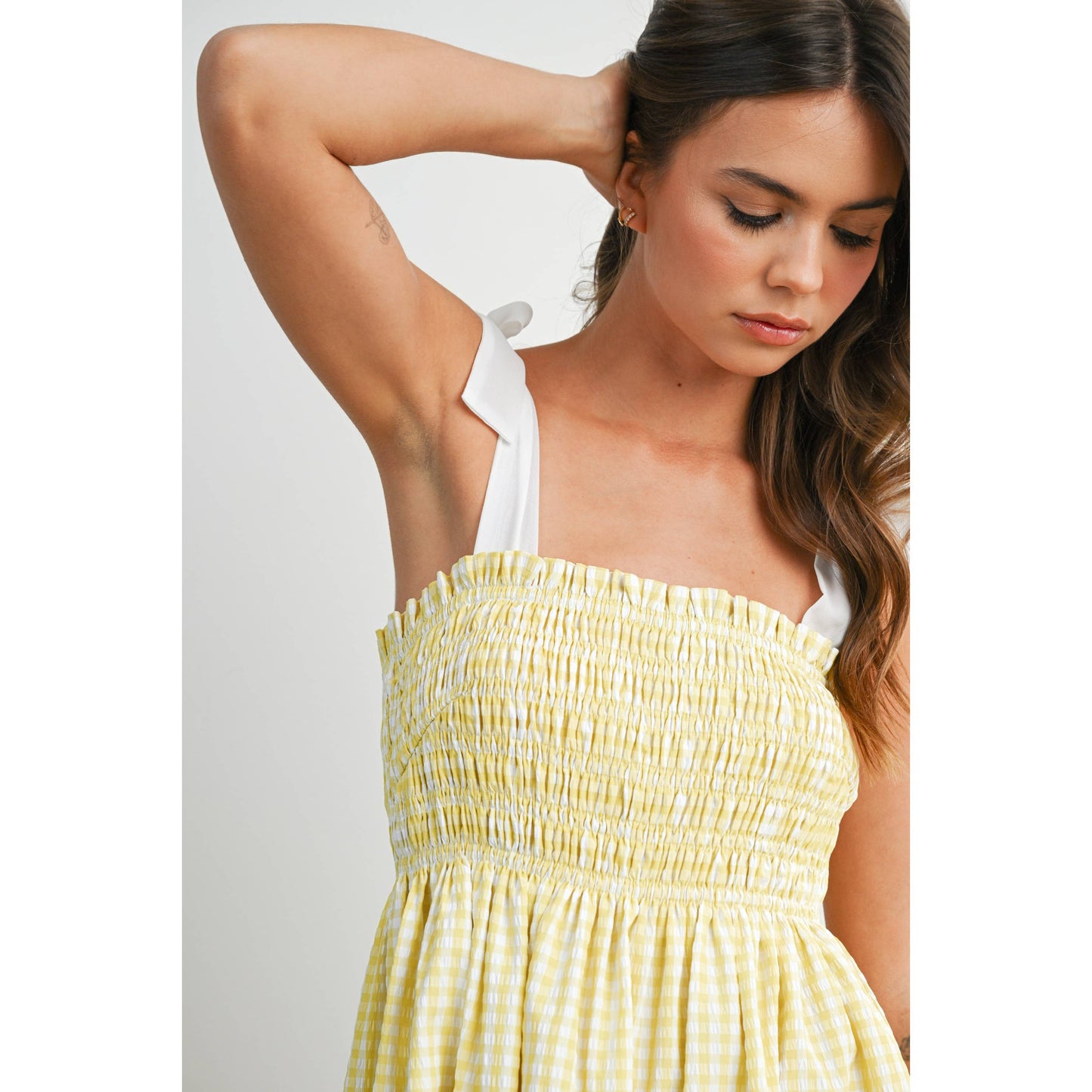Strapless Shirred Gingham Mini Sundress  RED , M