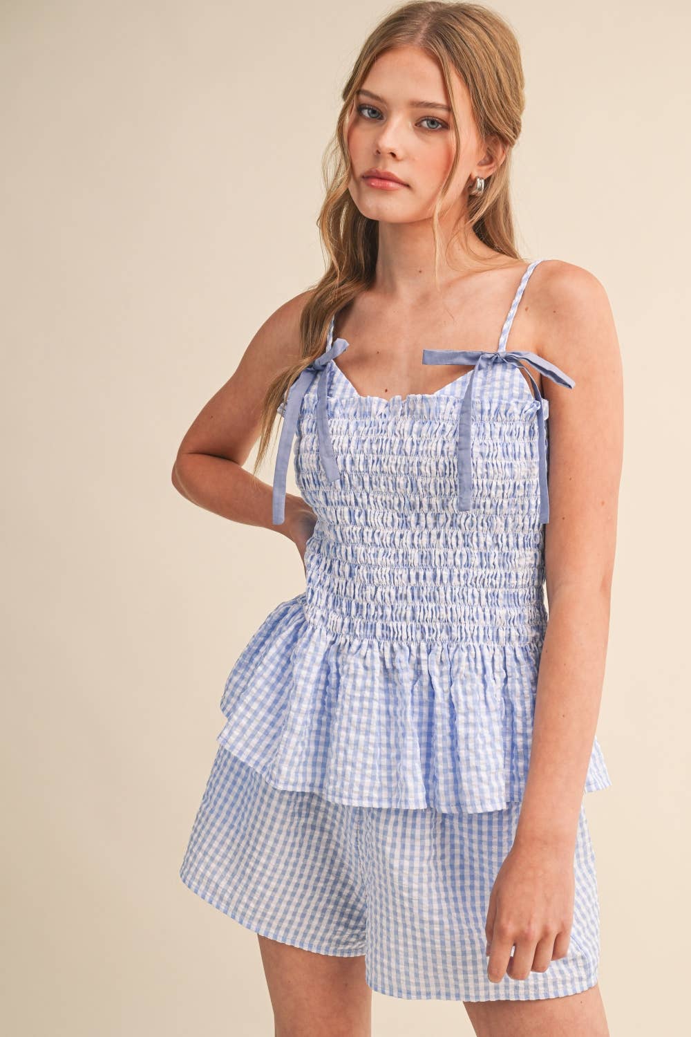 SMOCKED GINGHAM BOW CONTRAST CAMI TOP AND SHORTS