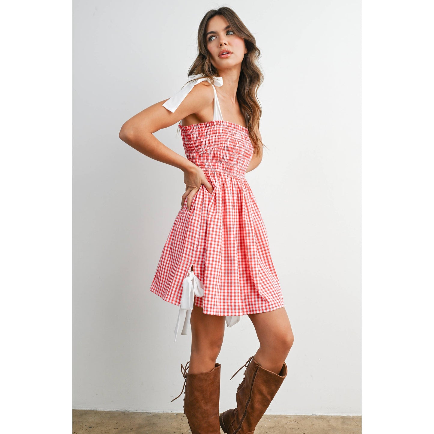 Strapless Shirred Gingham Mini Sundress  RED , M