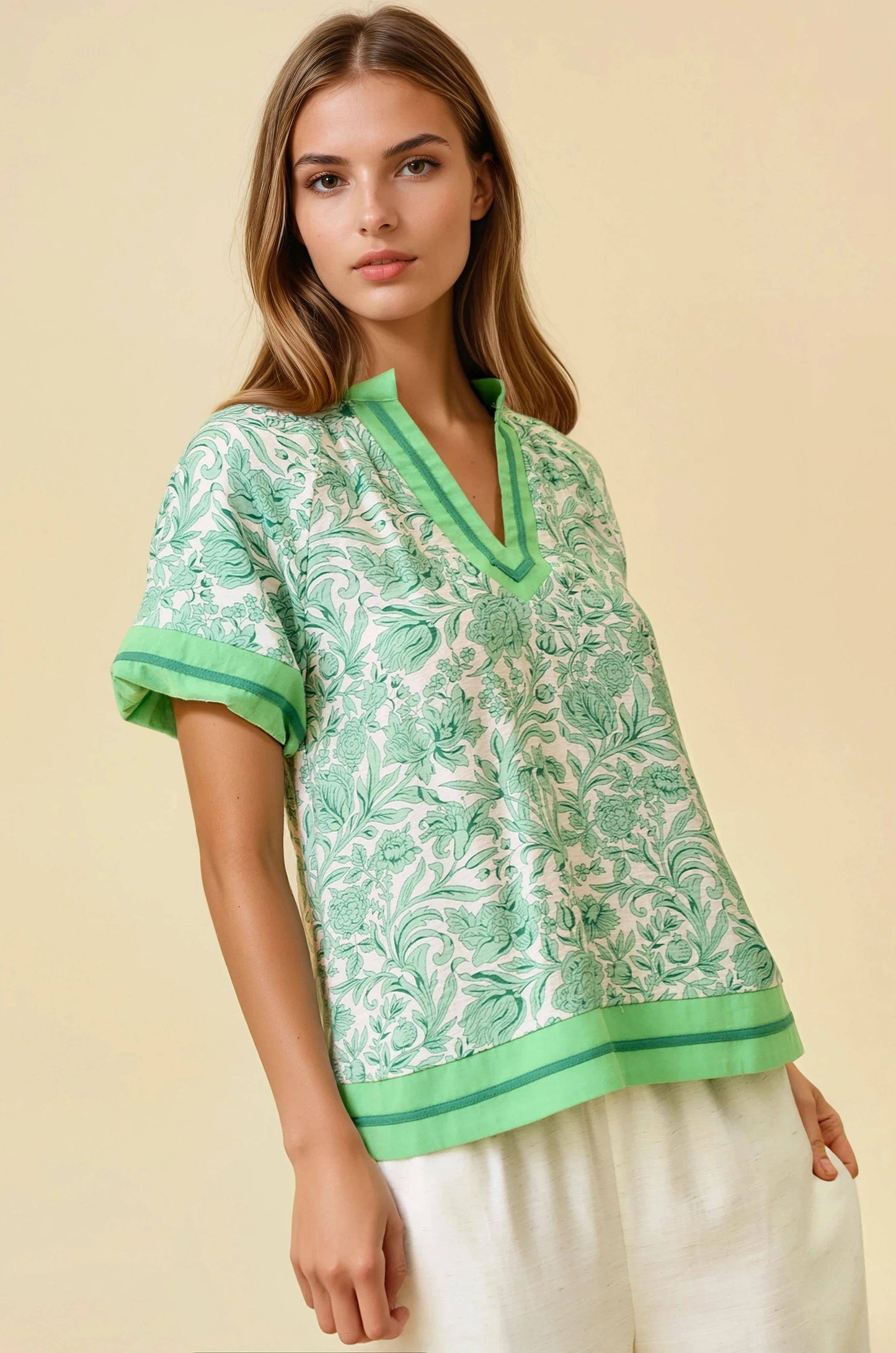 FLORAL PRINTED RUFFLE TIERED TOP - Green, M
