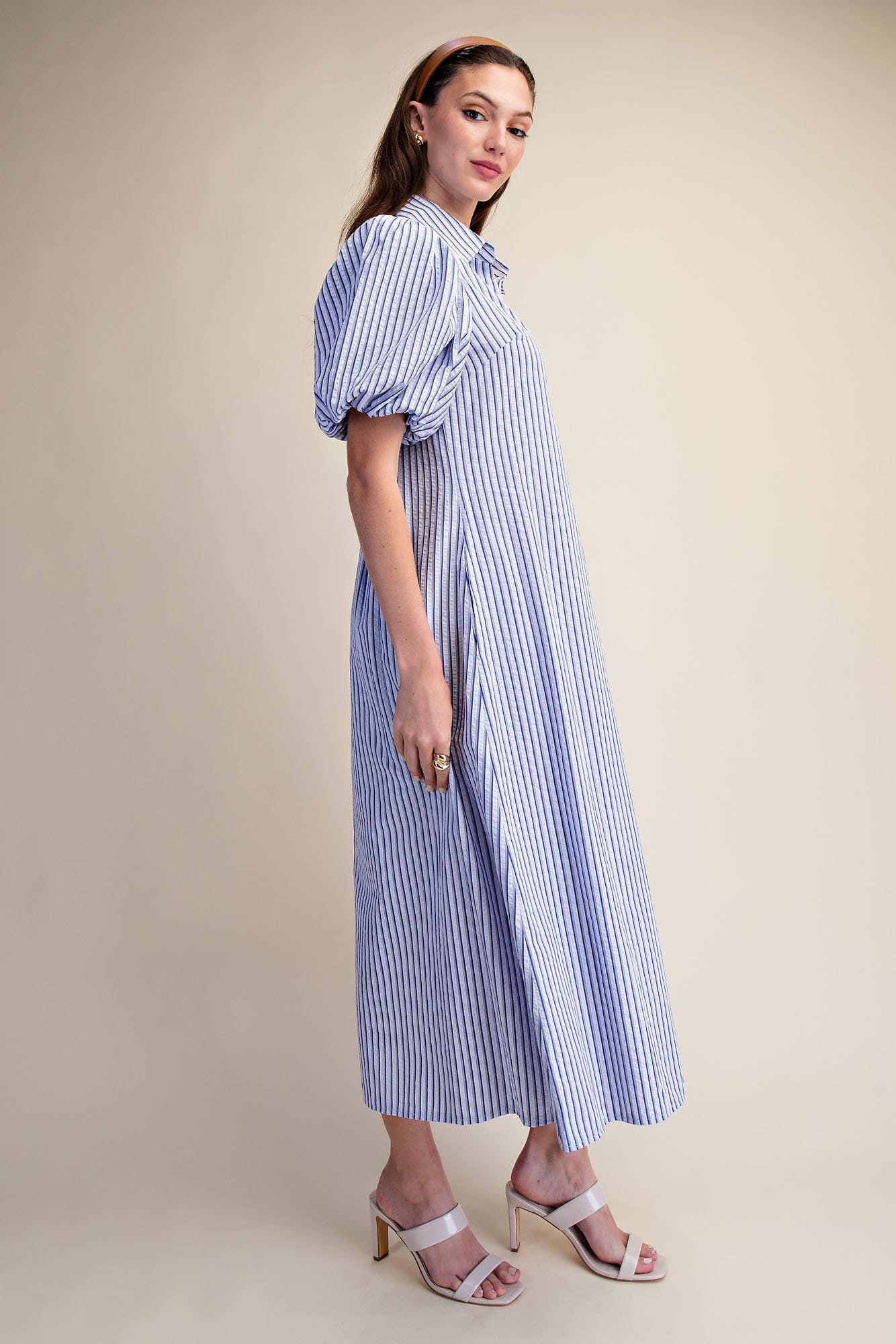 Glam - Collar V-Neck Puff Sleeve Stripe Pleated Midi Dress: Pink, L