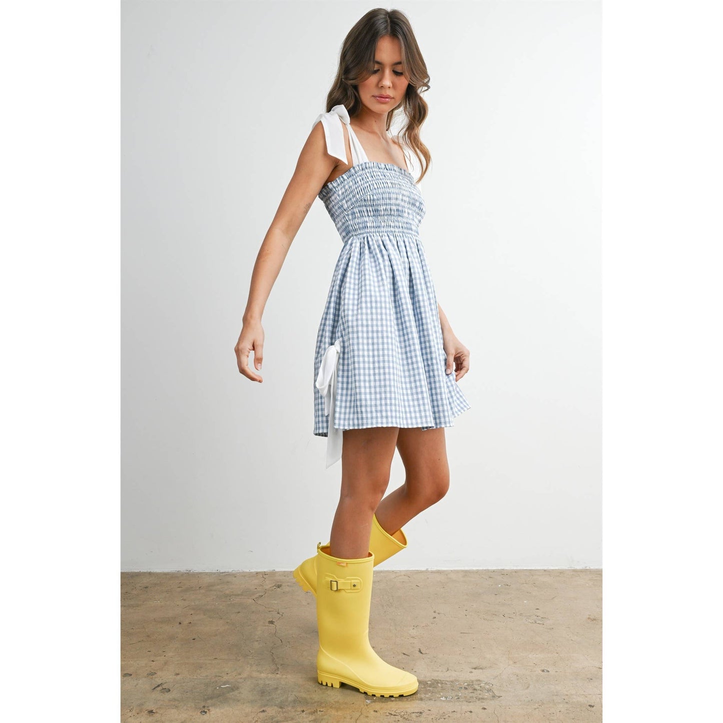Strapless Shirred Gingham Mini Sundress  RED , M