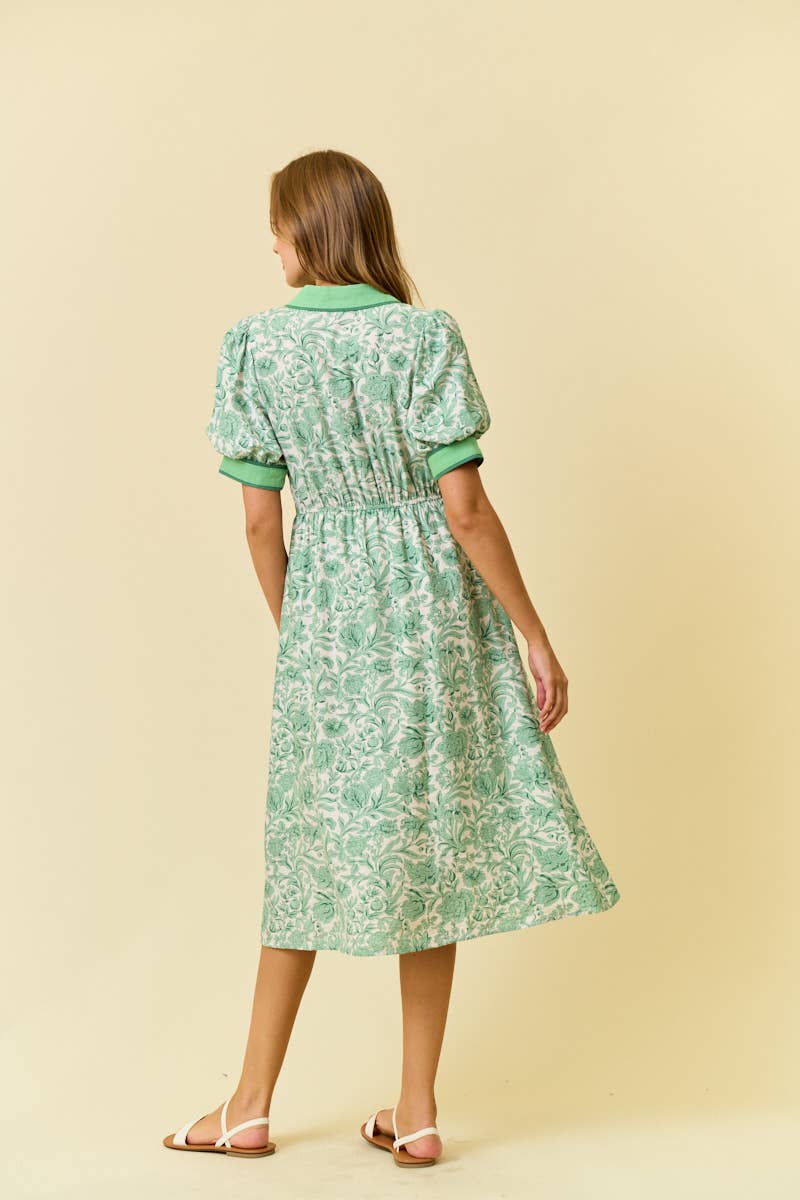 FLORAL PRINTED MIDI SHIRT DRESS W/ SIDE POCKET - PERRIBLUE, S
