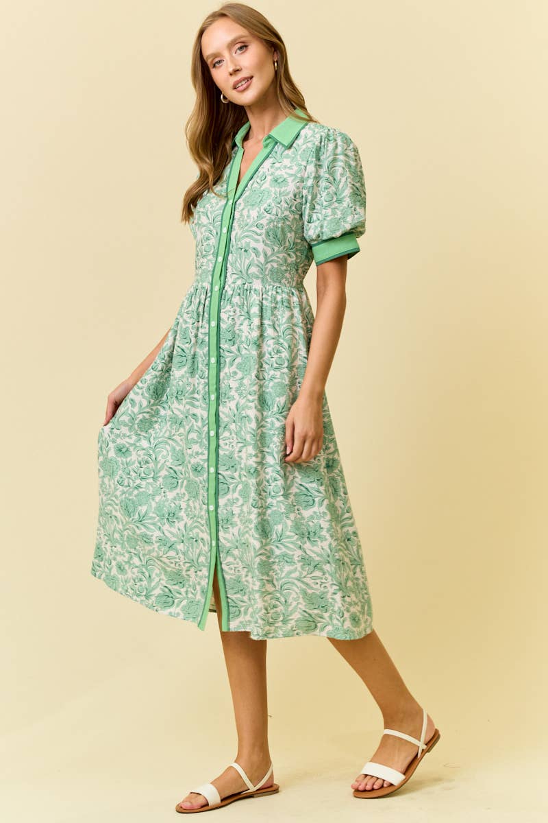 FLORAL PRINTED MIDI SHIRT DRESS W/ SIDE POCKET -PERRIBLUE, L