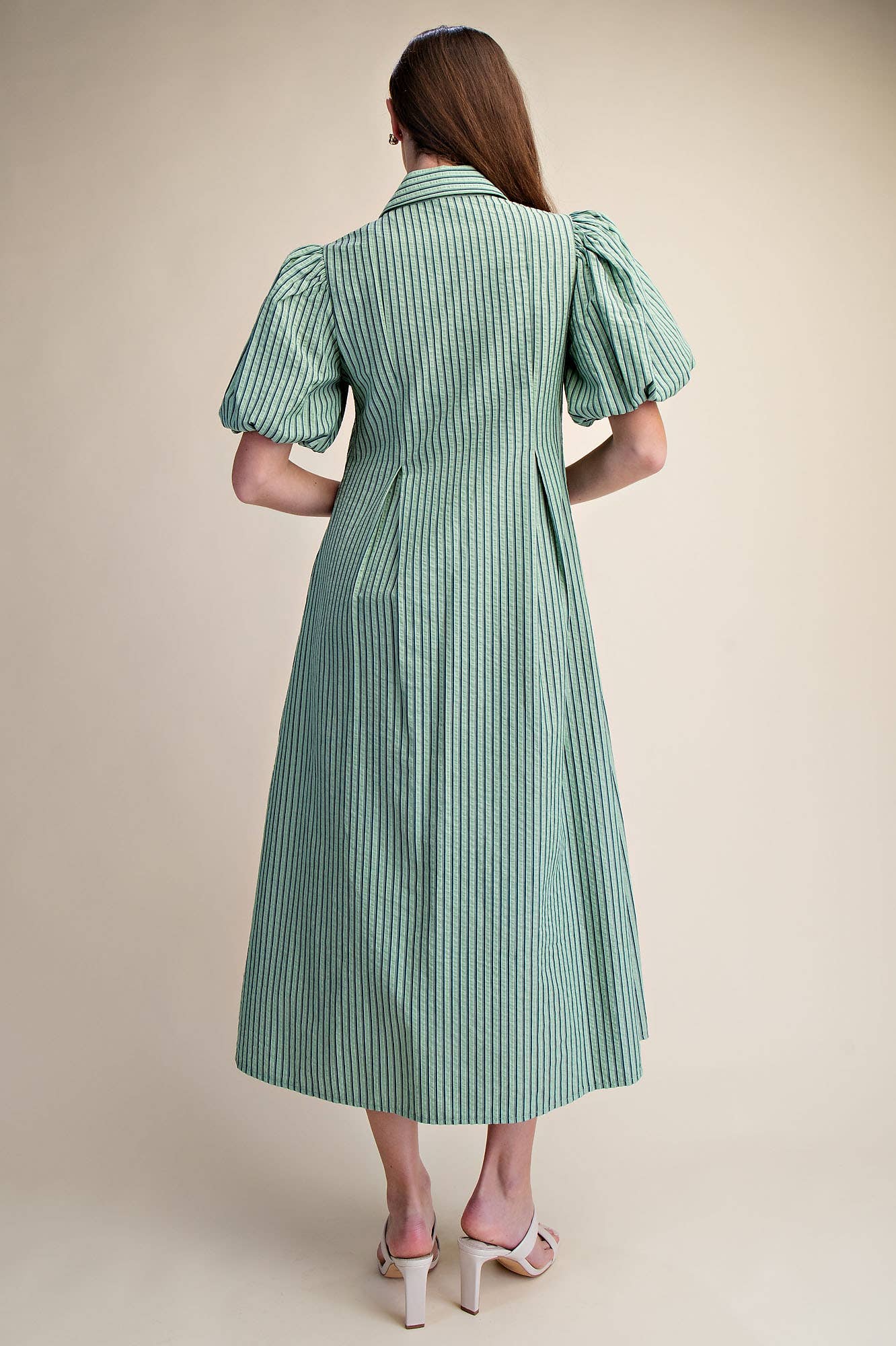 Glam - Collar V-Neck Puff Sleeve Stripe Pleated Midi Dress: Pink, L