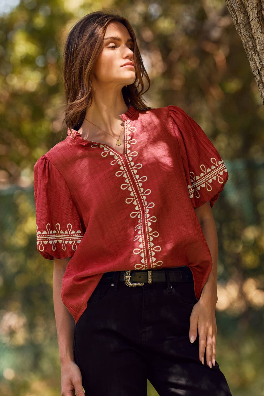 Oddi - Solid Embroidered Short Bubble Sleeve Blouse: Azure Blue, M