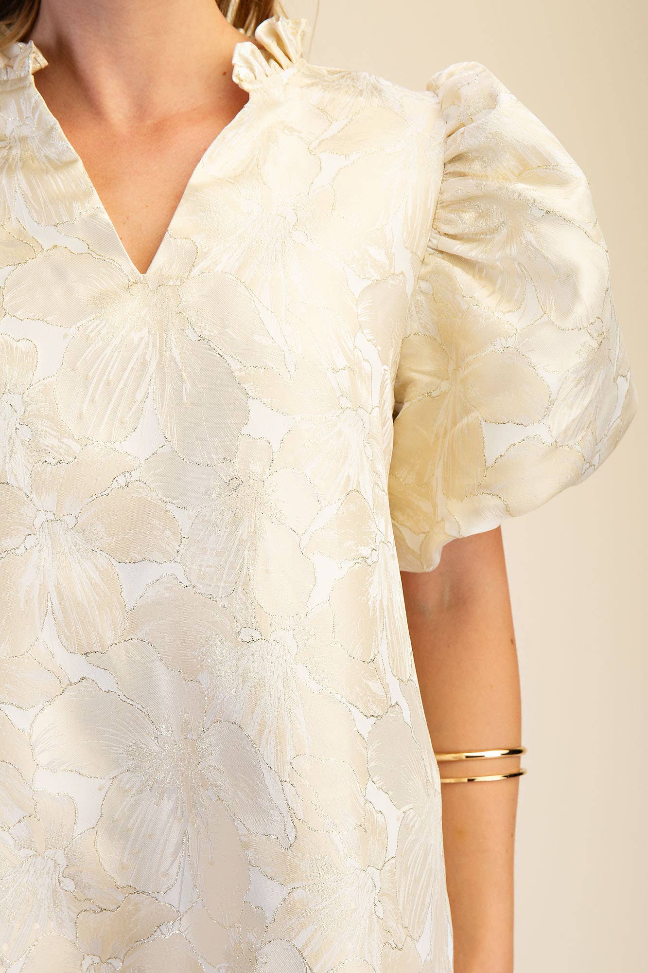 Glam - Ruffle V-Neck Puff Sleeve Mini Dress  Champagne, L
