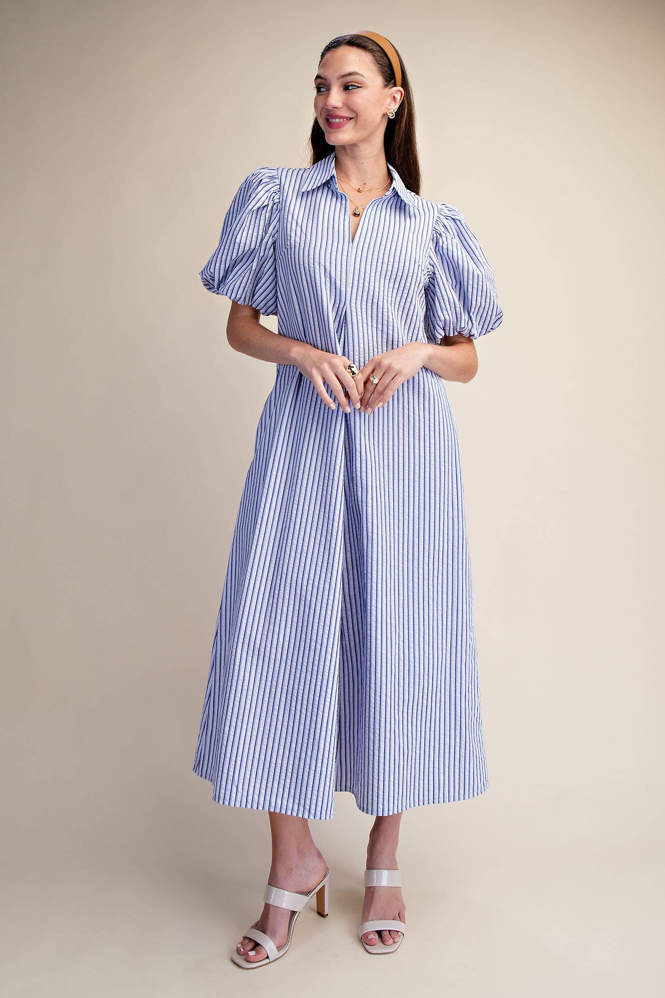 Glam - Collar V-Neck Puff Sleeve Stripe Pleated Midi Dress: Pink, M