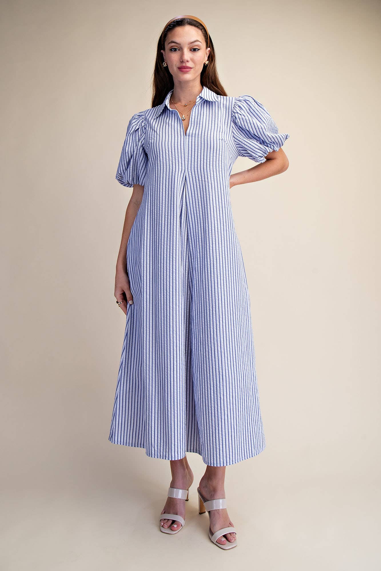 Glam - Collar V-Neck Puff Sleeve Stripe Pleated Midi Dress: Pink, S