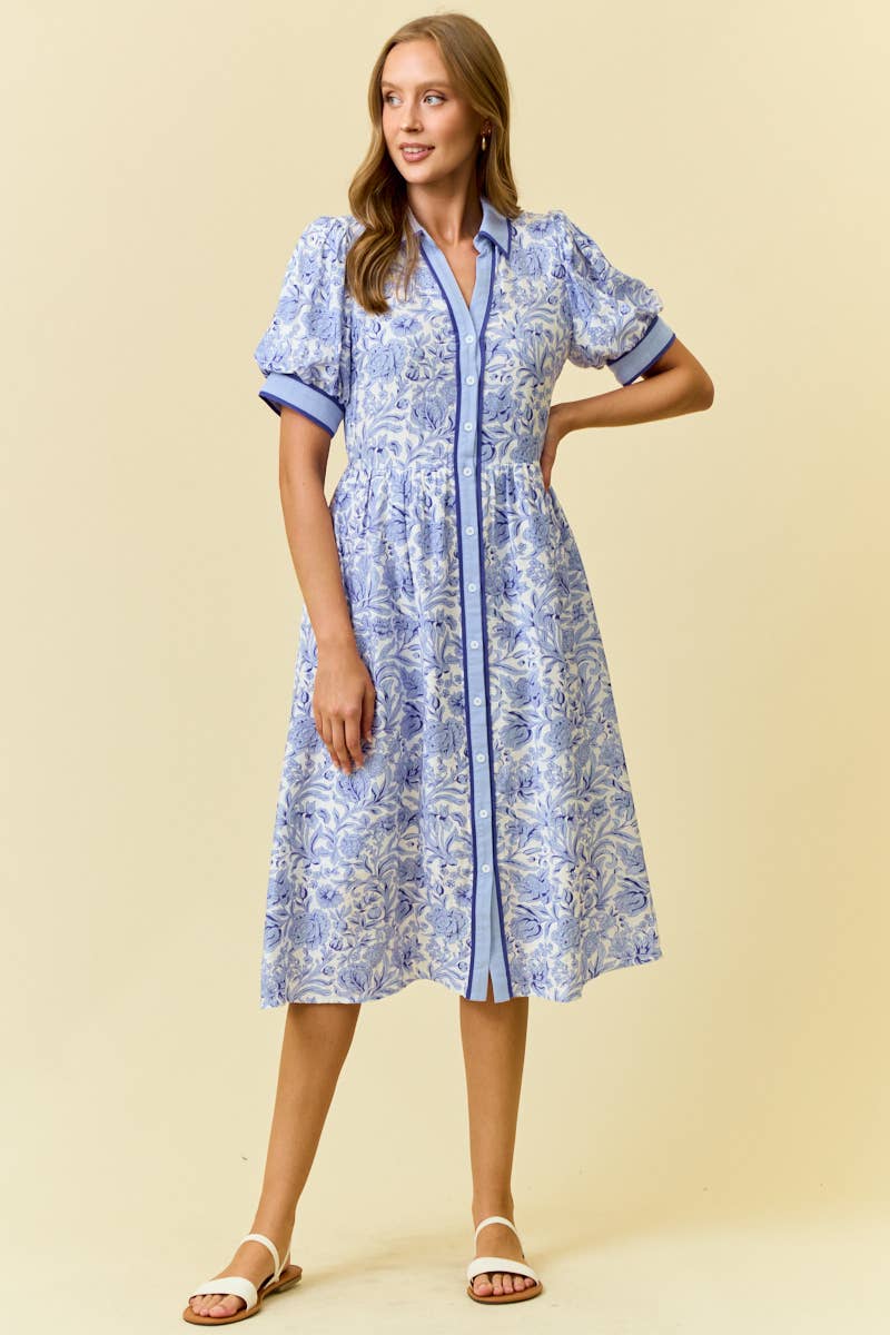 FLORAL PRINTED MIDI SHIRT DRESS W/ SIDE POCKET -PERRIBLUE, L