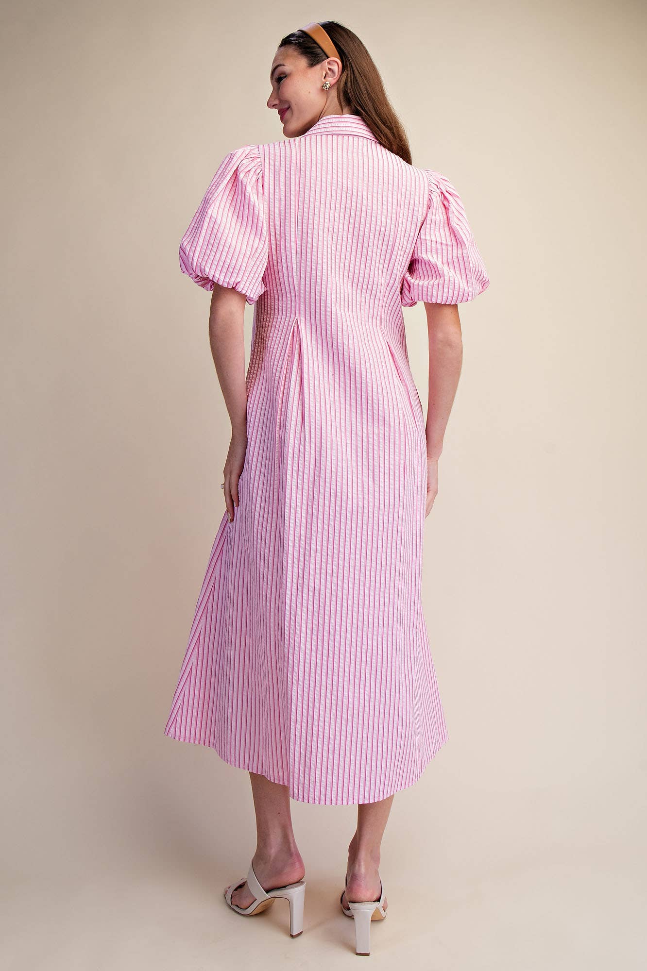 Glam - Collar V-Neck Puff Sleeve Stripe Pleated Midi Dress: Pink, S
