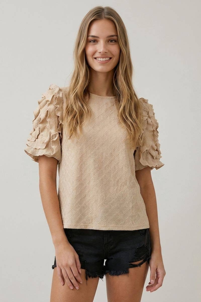 TEXTURED RUFFLE PUFF SLEEVE TOP -TAN, L