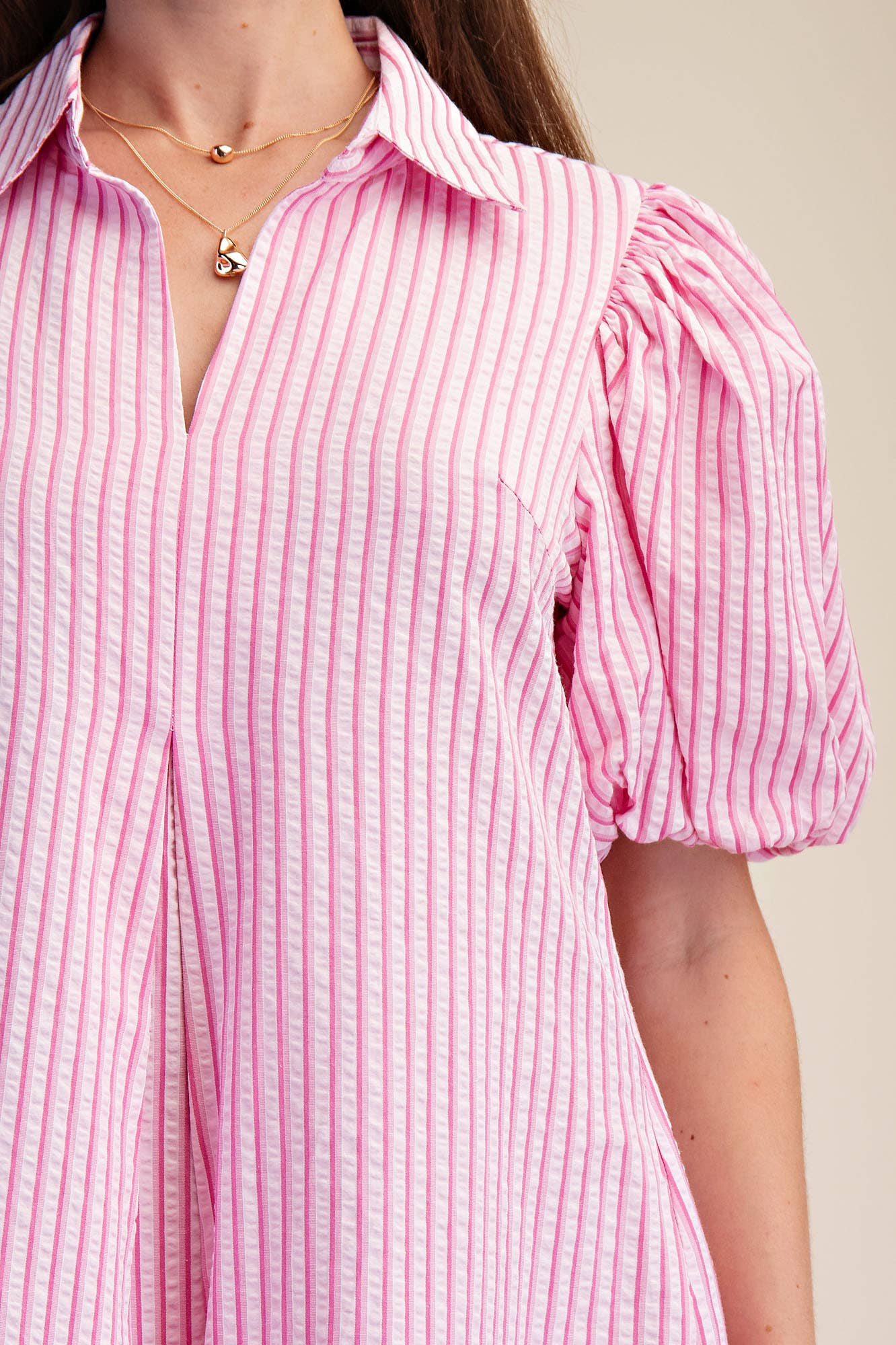 Glam - Collar V-Neck Puff Sleeve Stripe Pleated Midi Dress: Pink, L