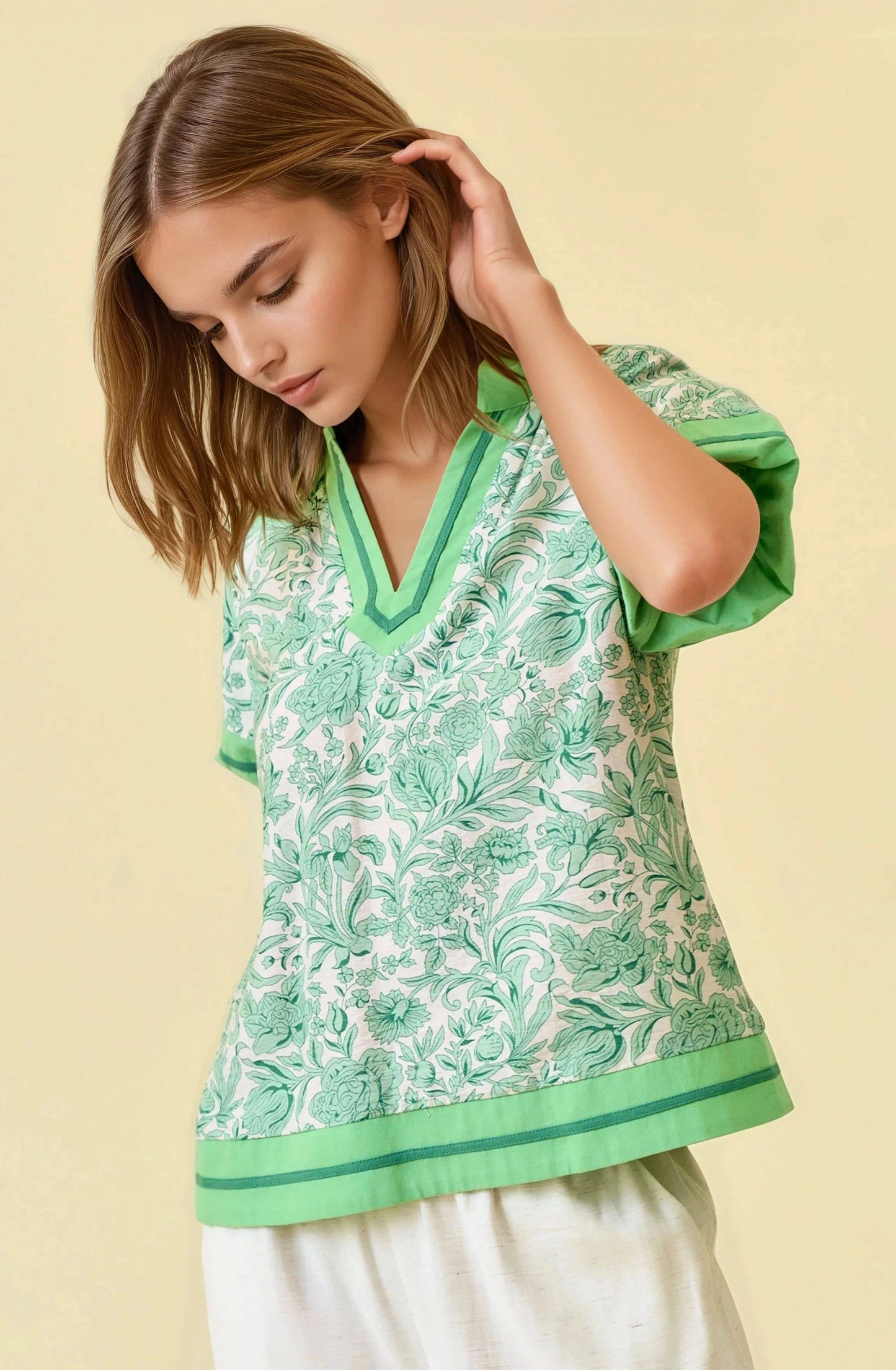 FLORAL PRINTED RUFFLE TIERED TOP - Green, S