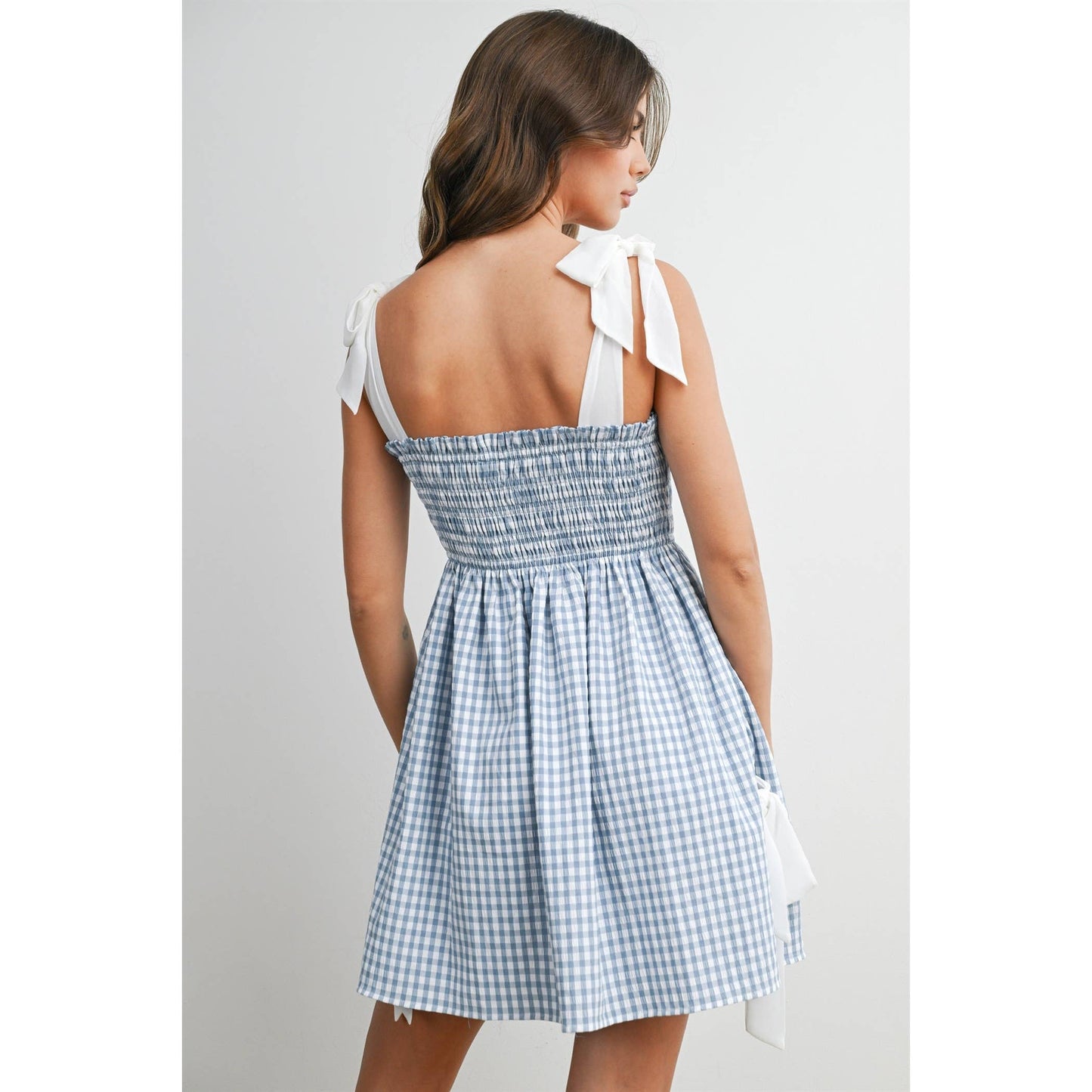 Strapless Shirred Gingham Mini Sundress RED  L