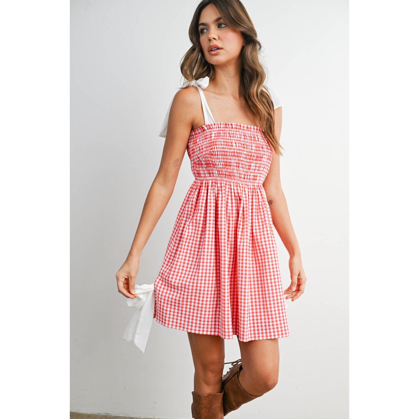 Strapless Shirred Gingham Mini Sundress RED  L