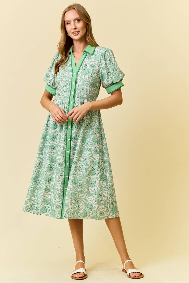 FLORAL PRINTED MIDI SHIRT DRESS W/ SIDE POCKET - PERRIBLUE, M