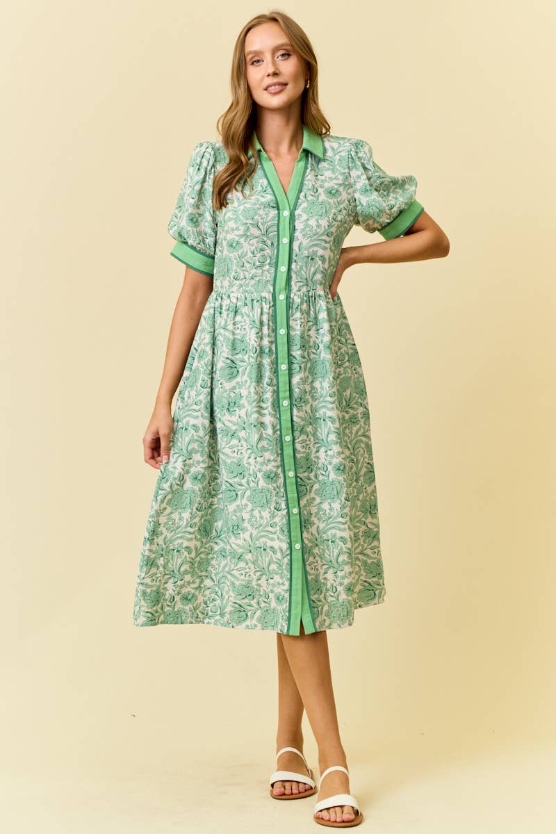 FLORAL PRINTED MIDI SHIRT DRESS W/ SIDE POCKET - PERRIBLUE, M