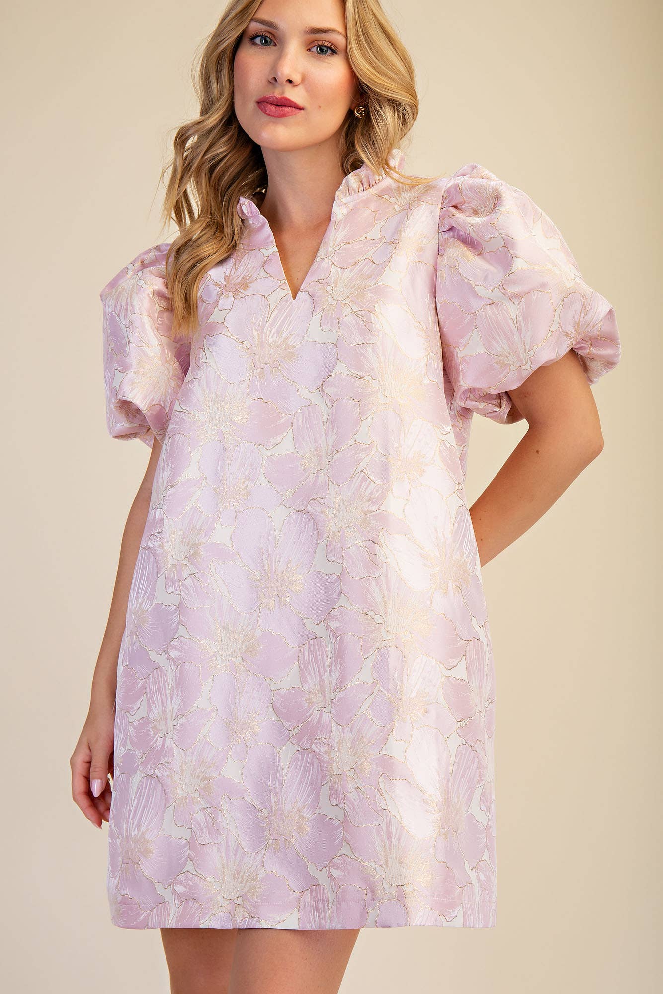 Glam - Ruffle V-Neck Puff Sleeve Mini Dress  Champagne, L