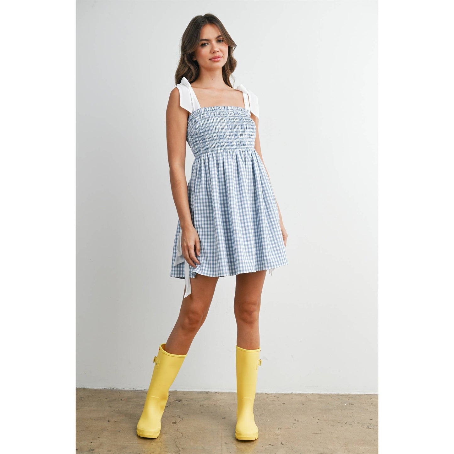 Strapless Shirred Gingham Mini Sundress RED  L