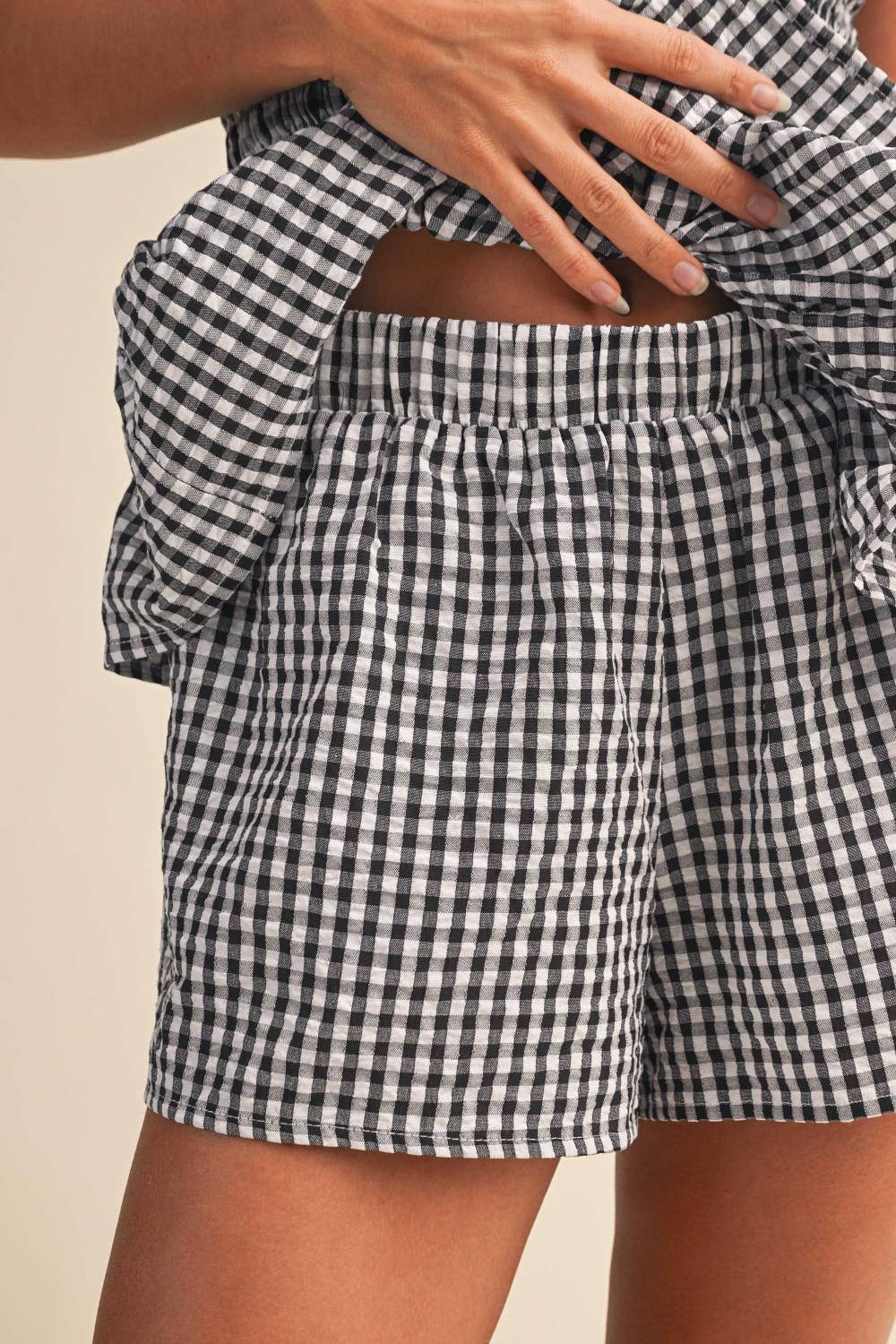 Klesis - IST6326 SMOCKED GINGHAM BOW CONTRAST CAMI TOP AND SHORTS: LT BLUE, M