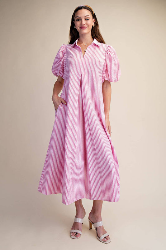Glam - Collar V-Neck Puff Sleeve Stripe Pleated Midi Dress: Pink, L
