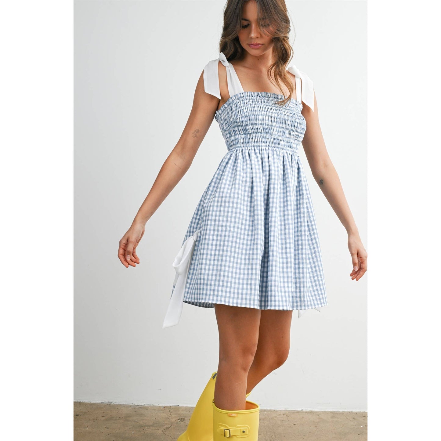Strapless Shirred Gingham Mini Sundress RED  L