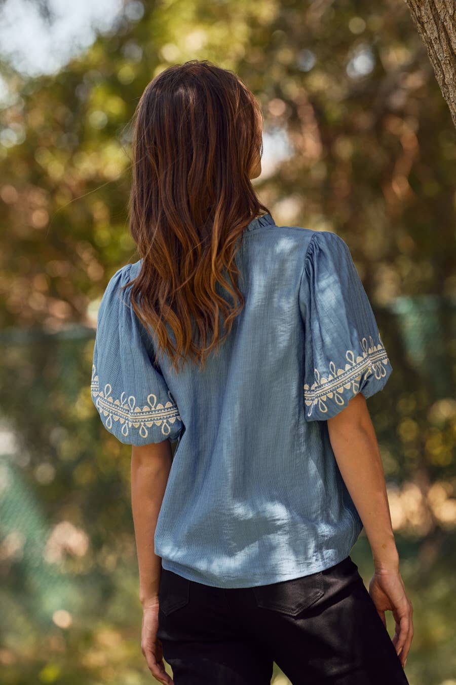 Oddi - Solid Embroidered Short Bubble Sleeve Blouse: Azure Blue, M